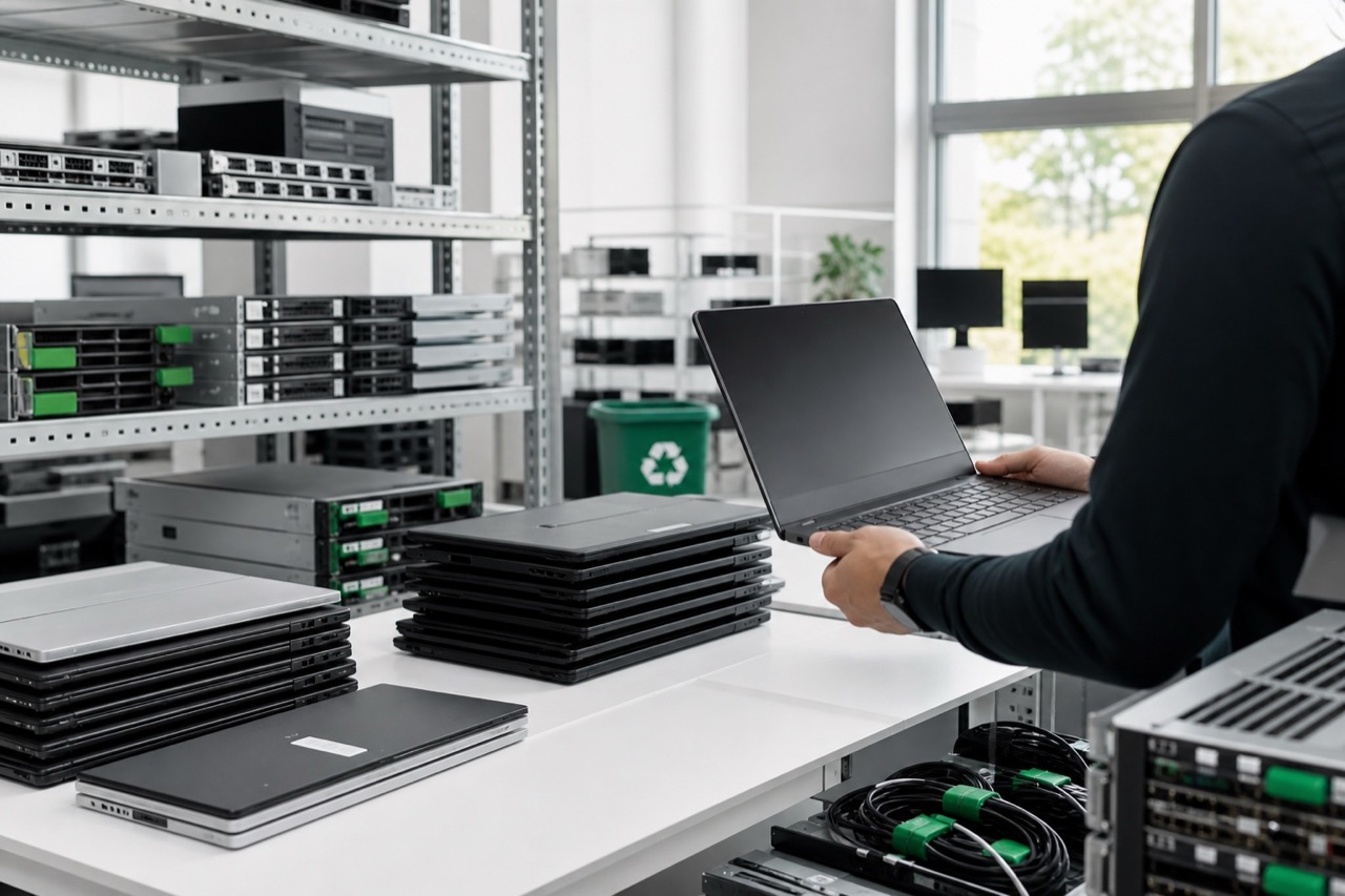 Techniker prüft gebrauchte Business-Laptops in einem modernen IT-Logistikzentrum mit gestapelter Hardware und Server-Equipment.